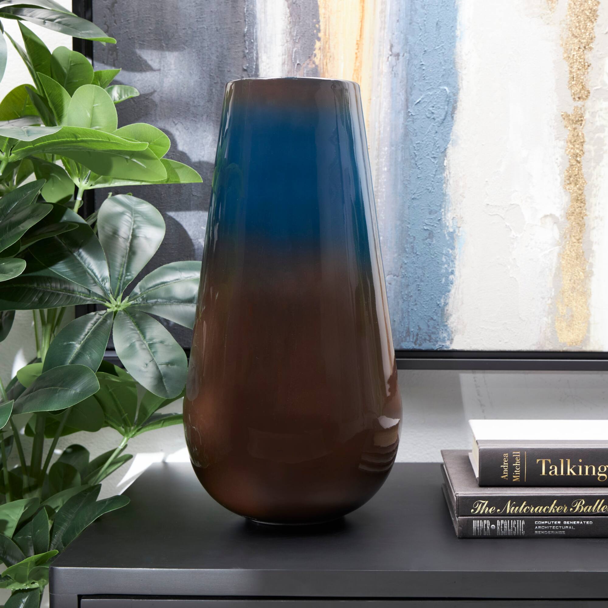 16" Blue Metal Ombre Vase with Brown Accents